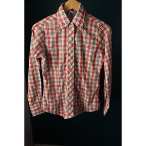 Vintage 70s Ely Glad Rags Long Sleeve Button Sz11 White Red Plaid Western 70s
